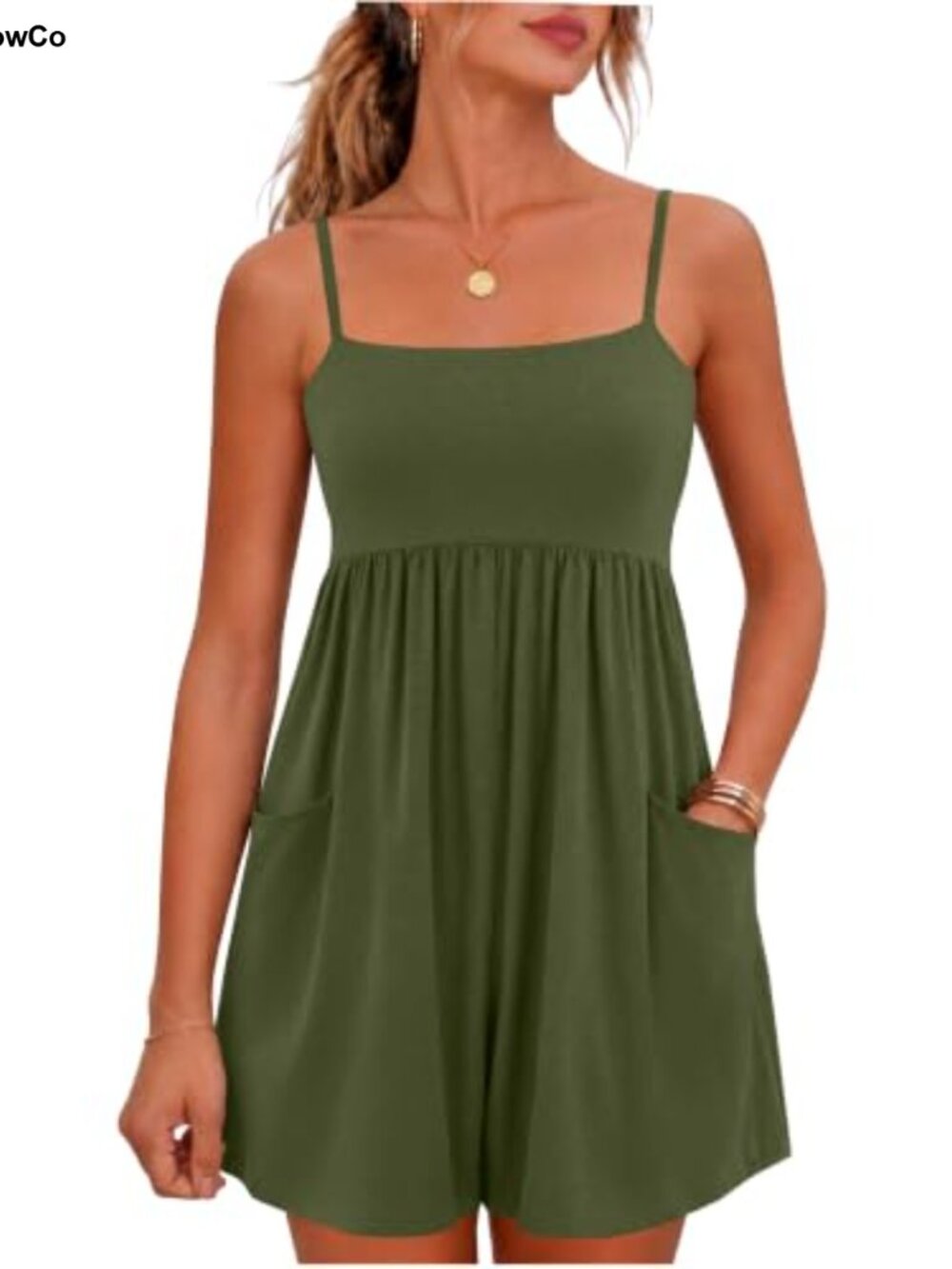Cotton Blend Sleeveless Romper Square Neck Wide Leg Shorts with Pockets
